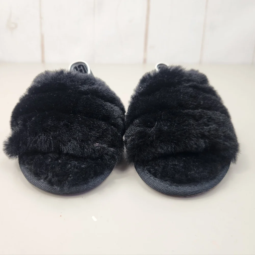 UGG Toddler Oh Yeah Fluffy Shearling Sheepskin Slingback Slipper Black 6